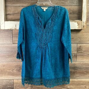 KRAZY KAT Womens Peasant Style Crocheted Lace Cotton Blouse Size Large Teal Blue